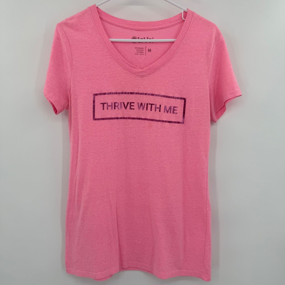 Le-Vel Thrive With Me Pink Graphic V-Neck T-Shirt Womens Medium Short Sleeve